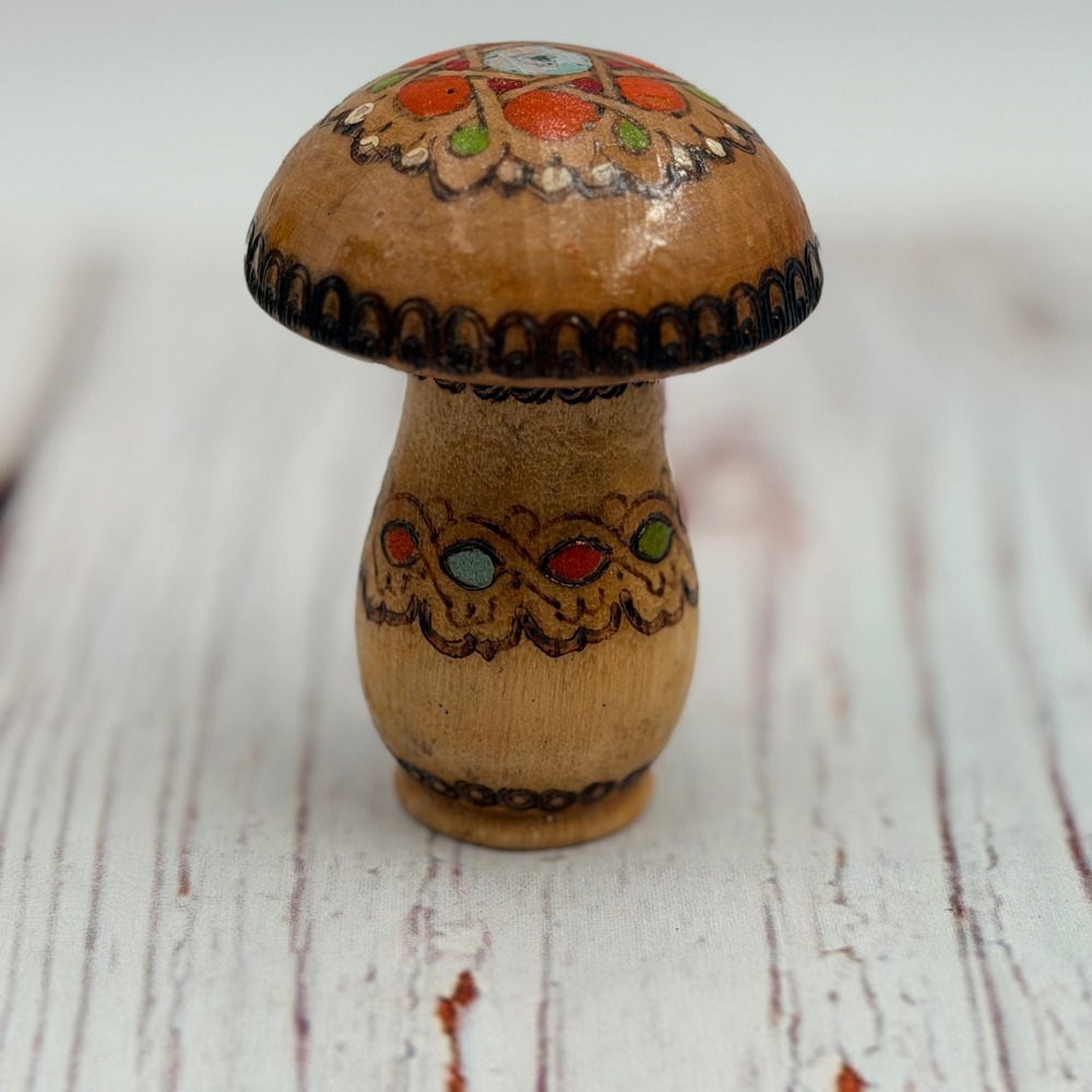 Vintage Bulgarian Hand Painted Wood Burned Mushroom Figurine Folk Art 3 Inch